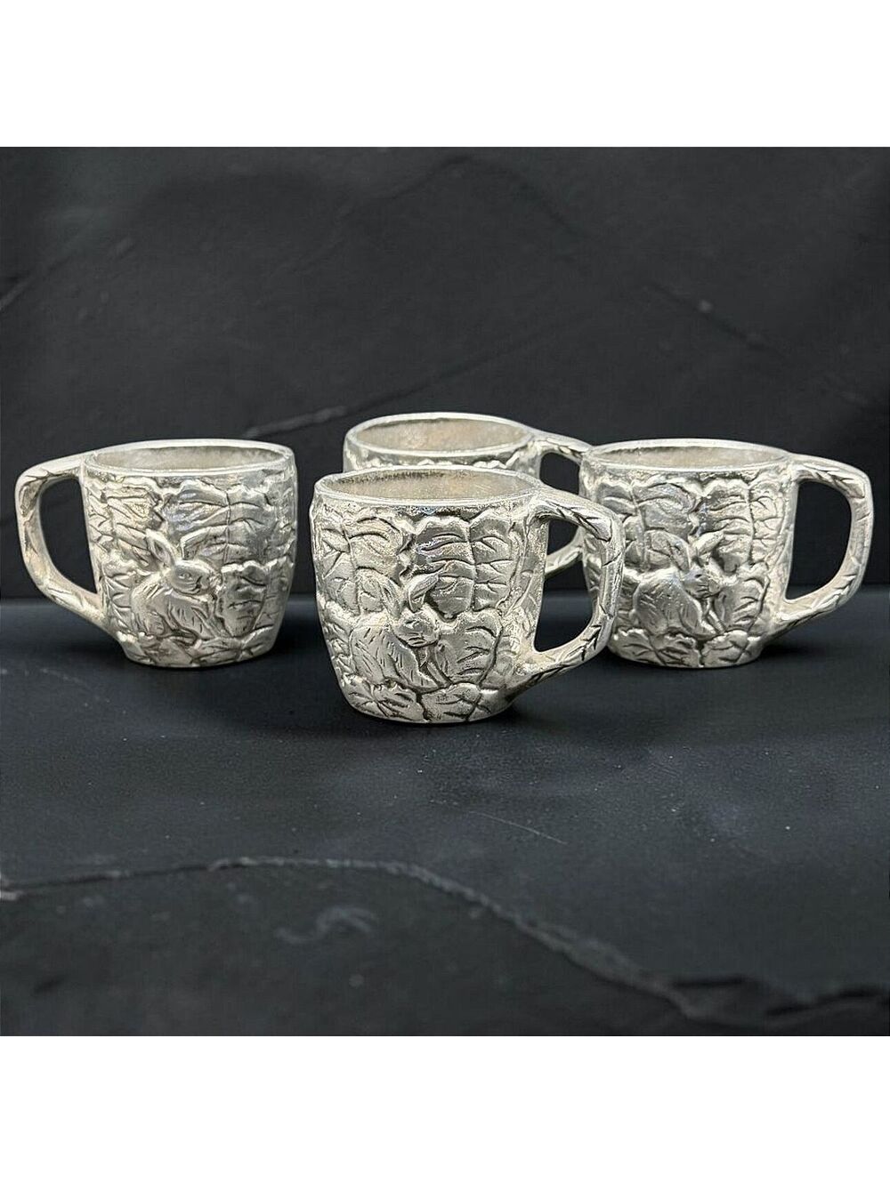 Rare Vintage 1991 CBK Ltd Bunny Rabbit Aluminum Cups Set of 4 Embossed Leaves 3"
